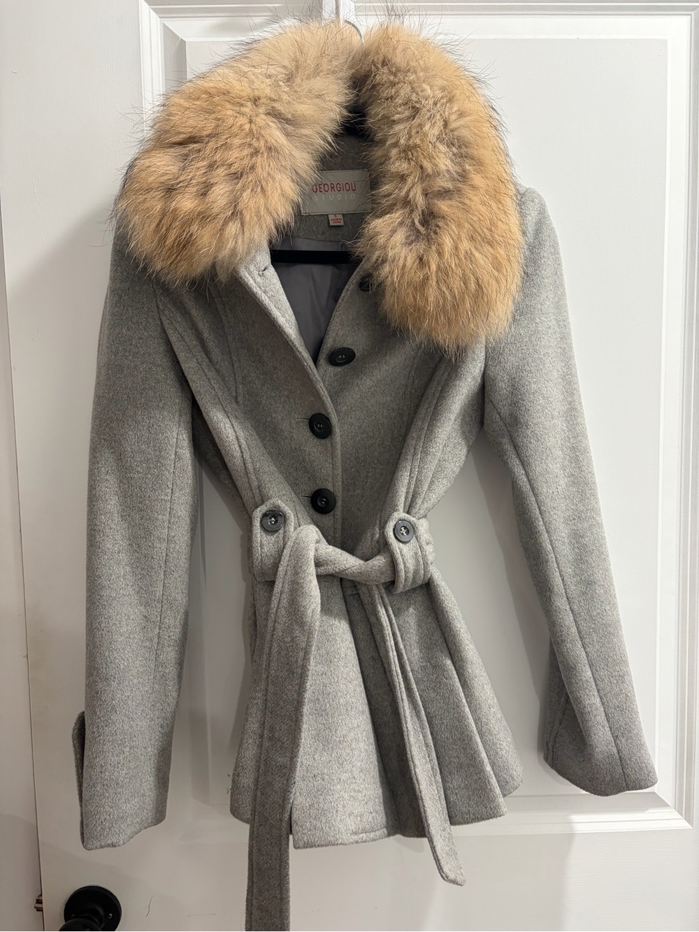 Georgiou Studio Vintage Grey Wool Belted Coat with Faux Fur Collar